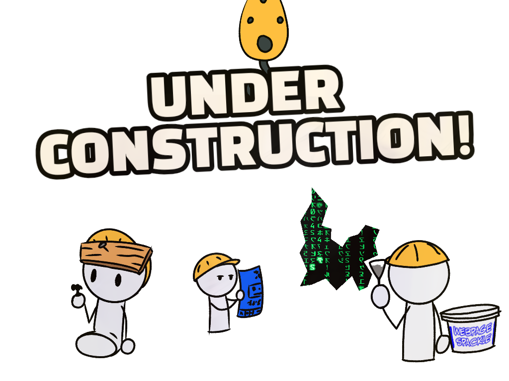 Under Construction text held by a crane. Three workers are building the webpage.